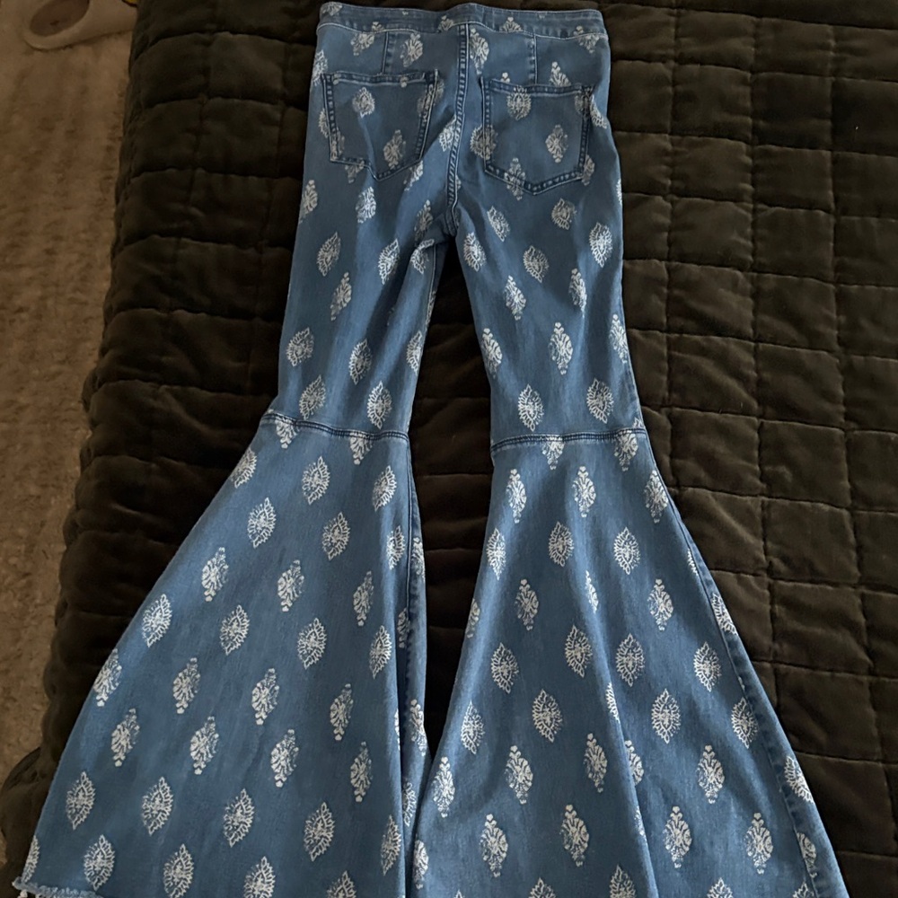 Free People Blue and White Flare Jeans